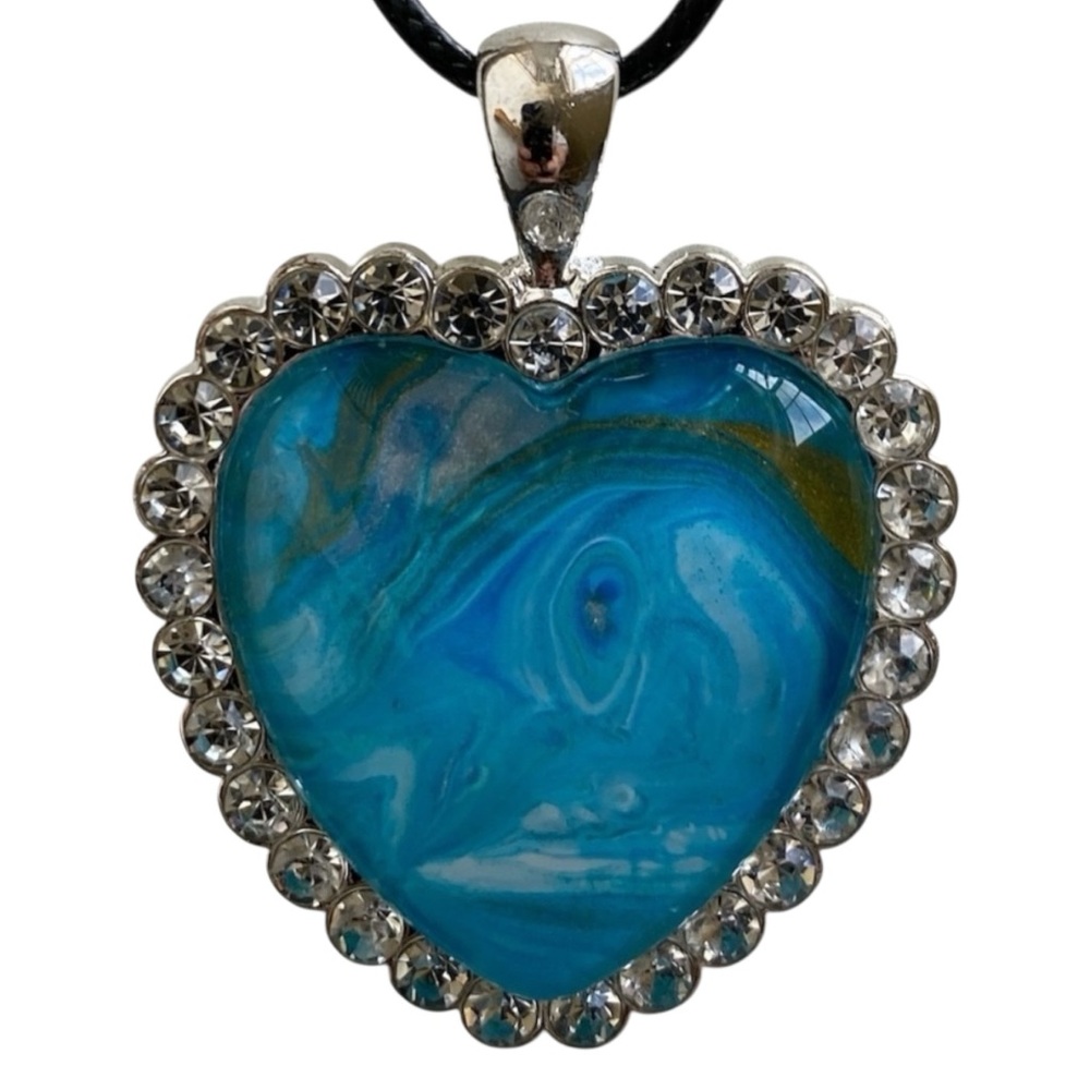 Hand Crafted Necklace Blue Gold White Fluid Art Heart Pendant by Svetlana Yeung